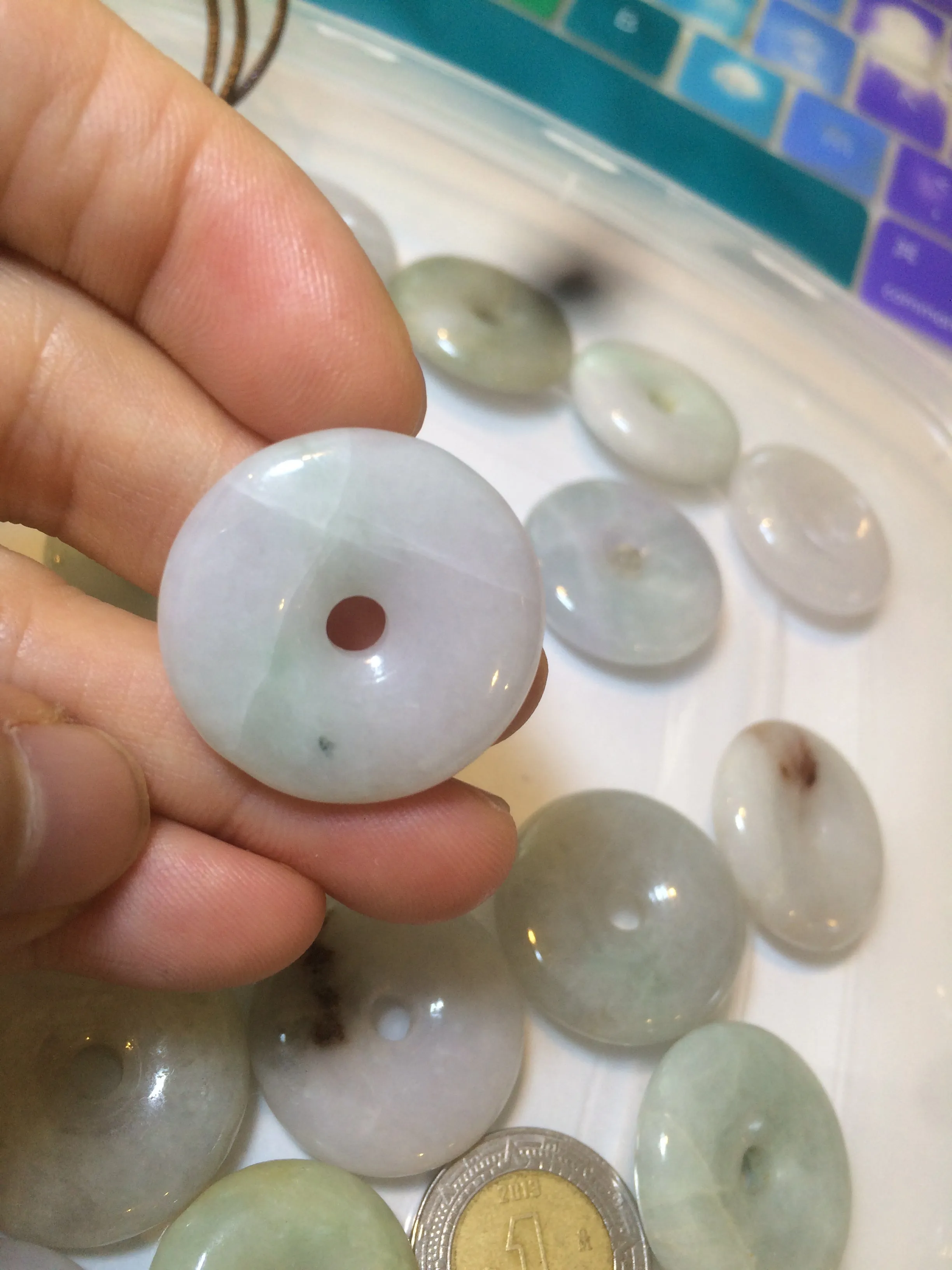 24-25mm Type A 100% Natural light green/white/purple/red Jadeite Jade Safety Guardian Button donut Pendant group AK39 (Add-on items)