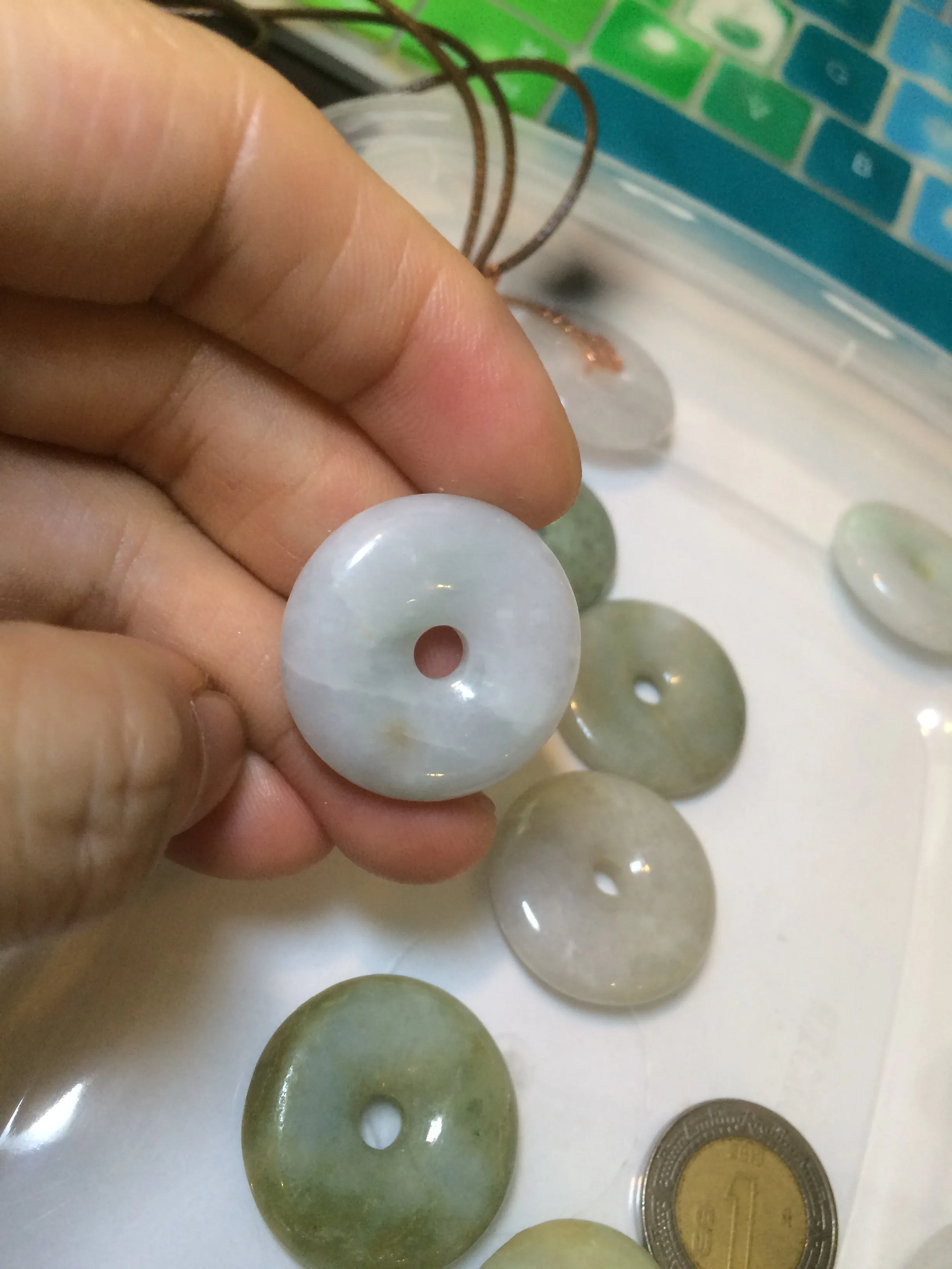 24-25mm Type A 100% Natural light green/white/purple/red Jadeite Jade Safety Guardian Button donut Pendant group AK39 (Add-on items)