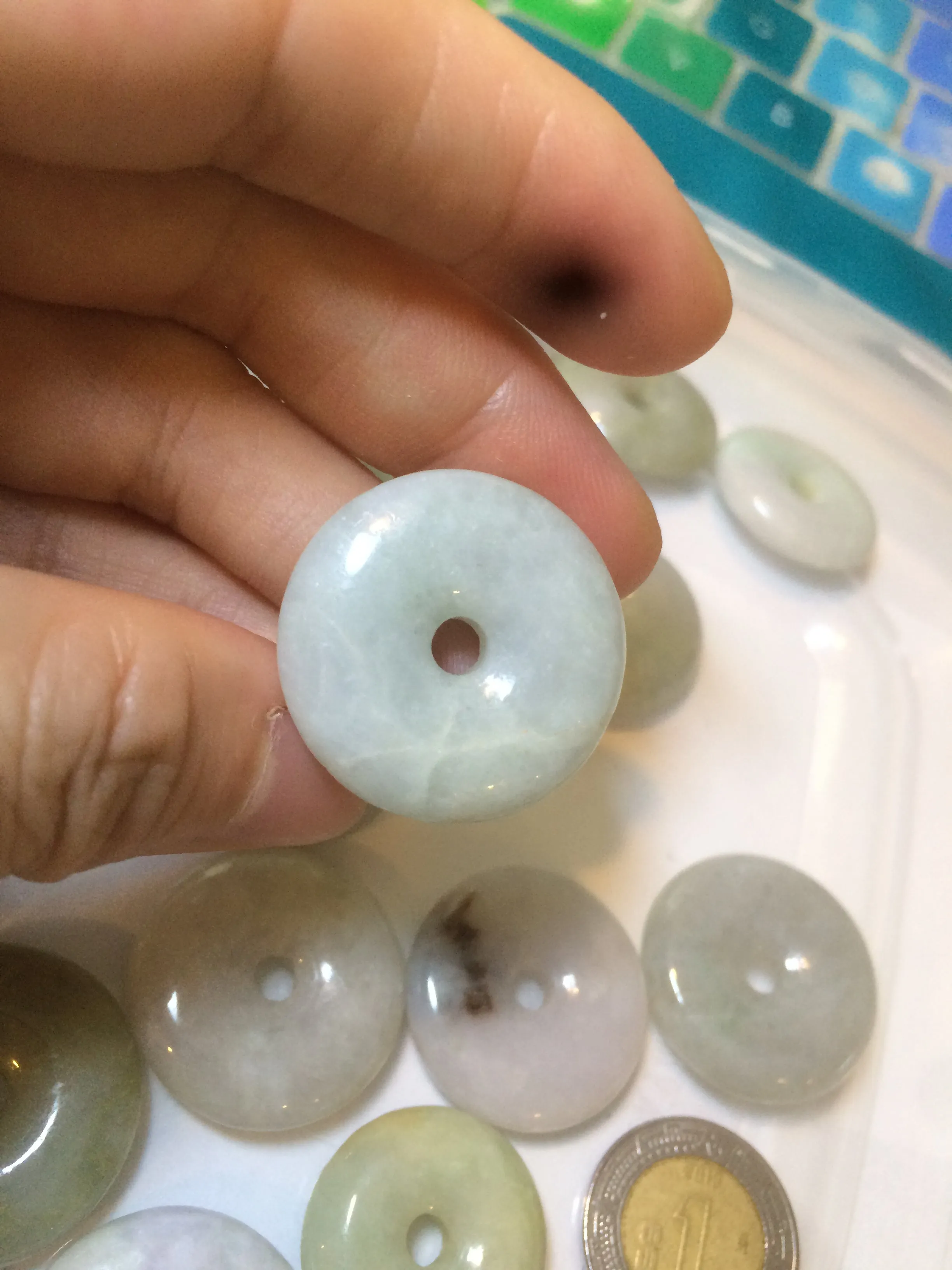 24-25mm Type A 100% Natural light green/white/purple/red Jadeite Jade Safety Guardian Button donut Pendant group AK39 (Add-on items)