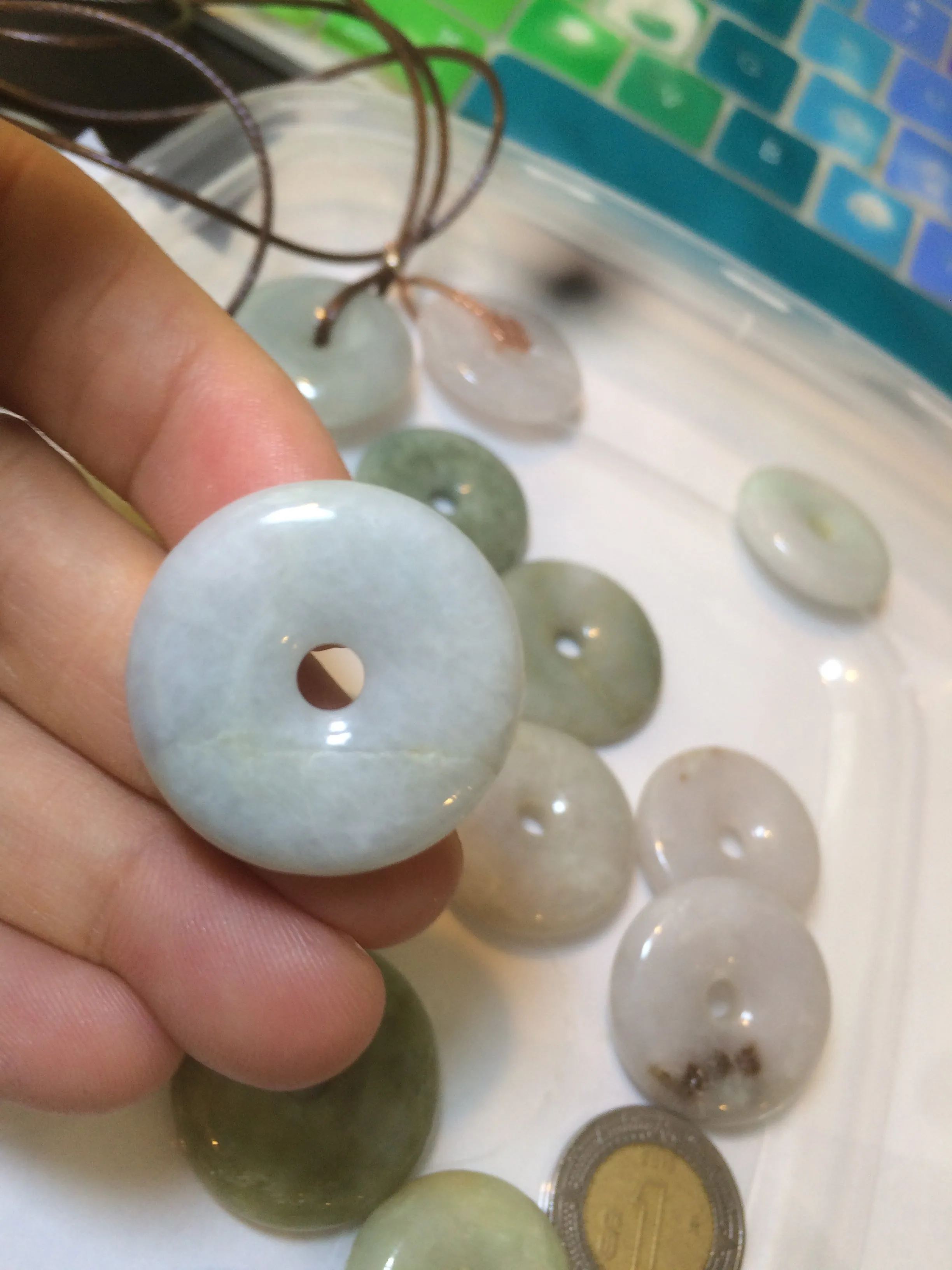 24-25mm Type A 100% Natural light green/white/purple/red Jadeite Jade Safety Guardian Button donut Pendant group AK39 (Add-on items)