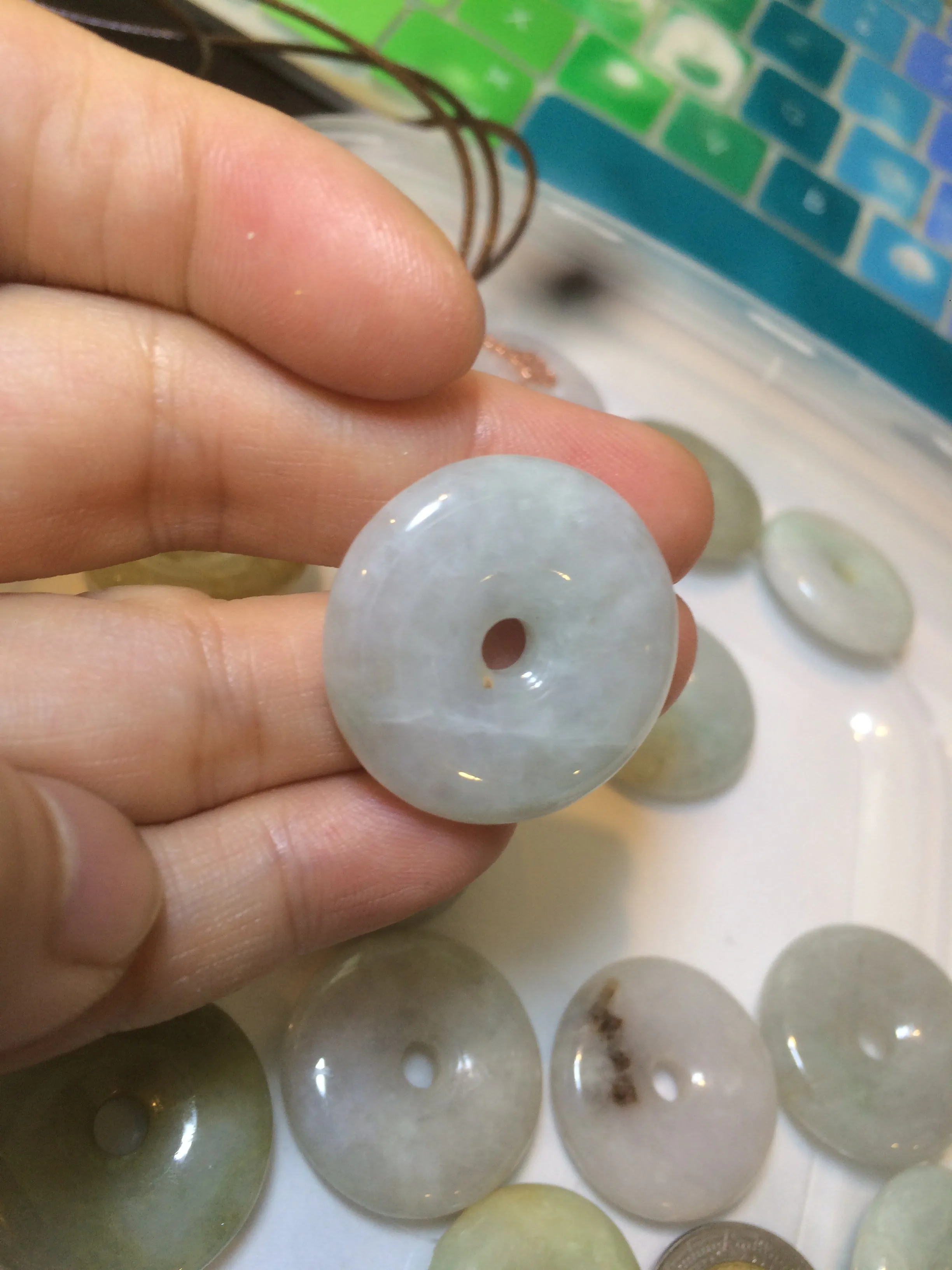 24-25mm Type A 100% Natural light green/white/purple/red Jadeite Jade Safety Guardian Button donut Pendant group AK39 (Add-on items)