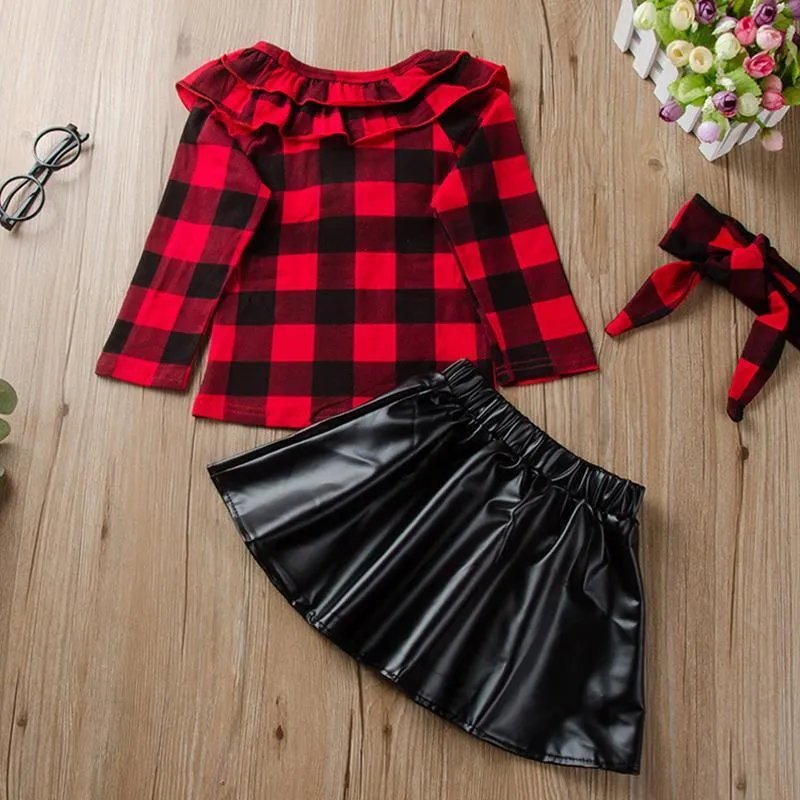 3-piece Plaid Pattern clothes & Short skirt & Headband for Children  Girl