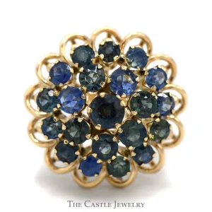 3 Tier Sapphire Cocktail Cluster Ring with Scalloped Edge in 10k Yellow Gold