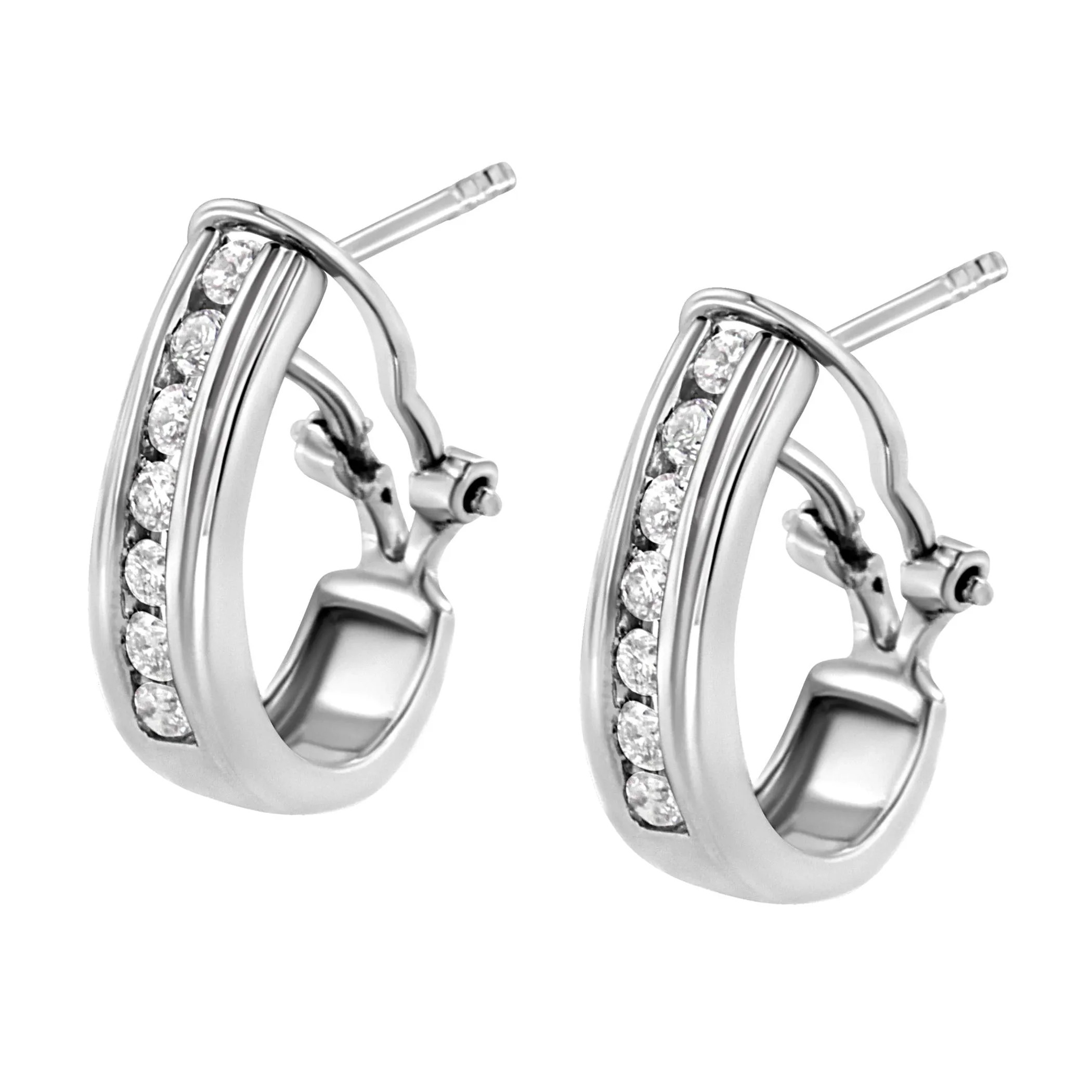 .925 Sterling Silver 1/2 cttw Channel-Set Round-Cut Diamond Omega Back Huggy Hoop Earrings (I-J Color, I1-I2 Clarity)