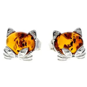 925 Sterling Silver & Baltic Amber Cute Cats Studs Earrings - GL192