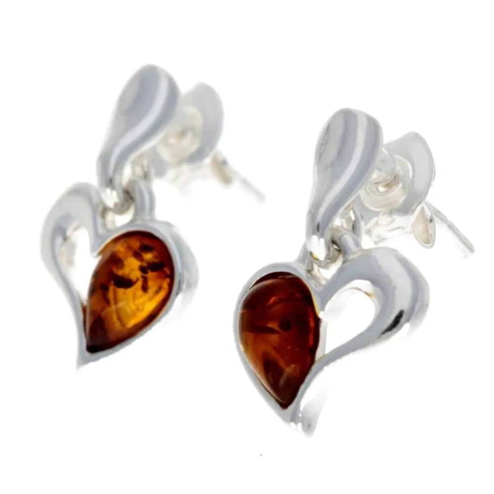 925 Sterling Silver & Baltic Amber Drop Hearts Earrings - GL154