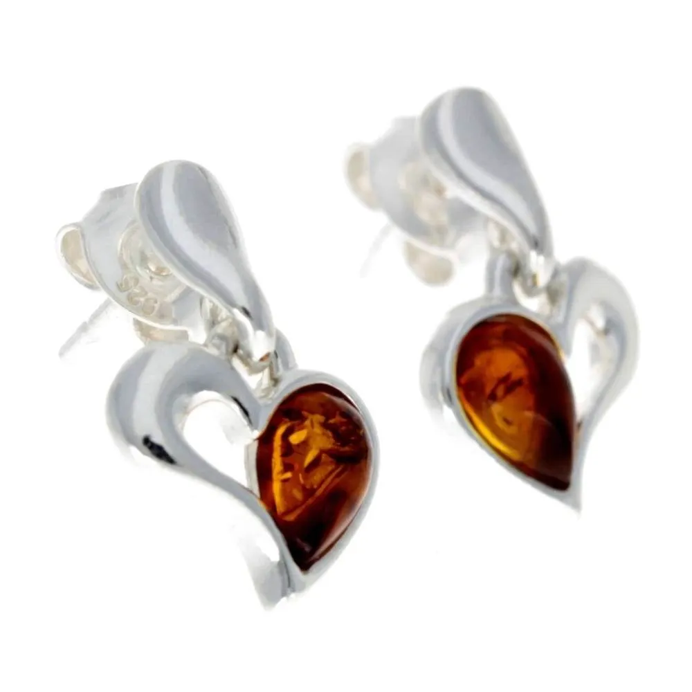 925 Sterling Silver & Baltic Amber Drop Hearts Earrings - GL154