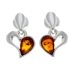 925 Sterling Silver & Baltic Amber Drop Hearts Earrings - GL154