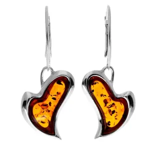 925 Sterling Silver & Genuine Baltic Amber Drop Modern Hearts Earrings - AC005D