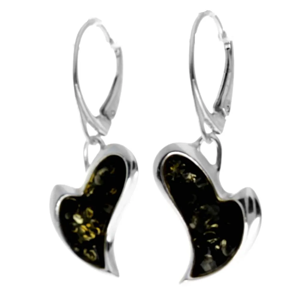 925 Sterling Silver & Genuine Baltic Amber Drop Modern Hearts Earrings - AC005D