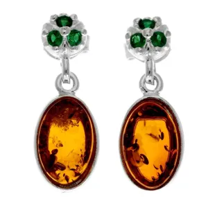 925 Sterling Silver & Genuine Baltic Amber in Combo with Cubic Zirconia Classic Drop Earrings - GL1016