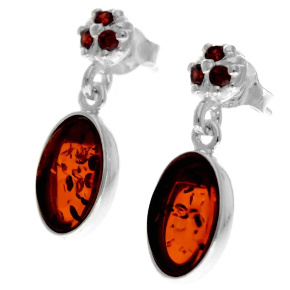 925 Sterling Silver & Genuine Baltic Amber in Combo with Cubic Zirconia Classic Drop Earrings - GL1016