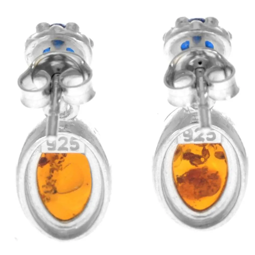 925 Sterling Silver & Genuine Baltic Amber in Combo with Cubic Zirconia Classic Drop Earrings - GL1016