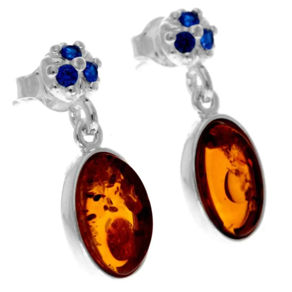 925 Sterling Silver & Genuine Baltic Amber in Combo with Cubic Zirconia Classic Drop Earrings - GL1016