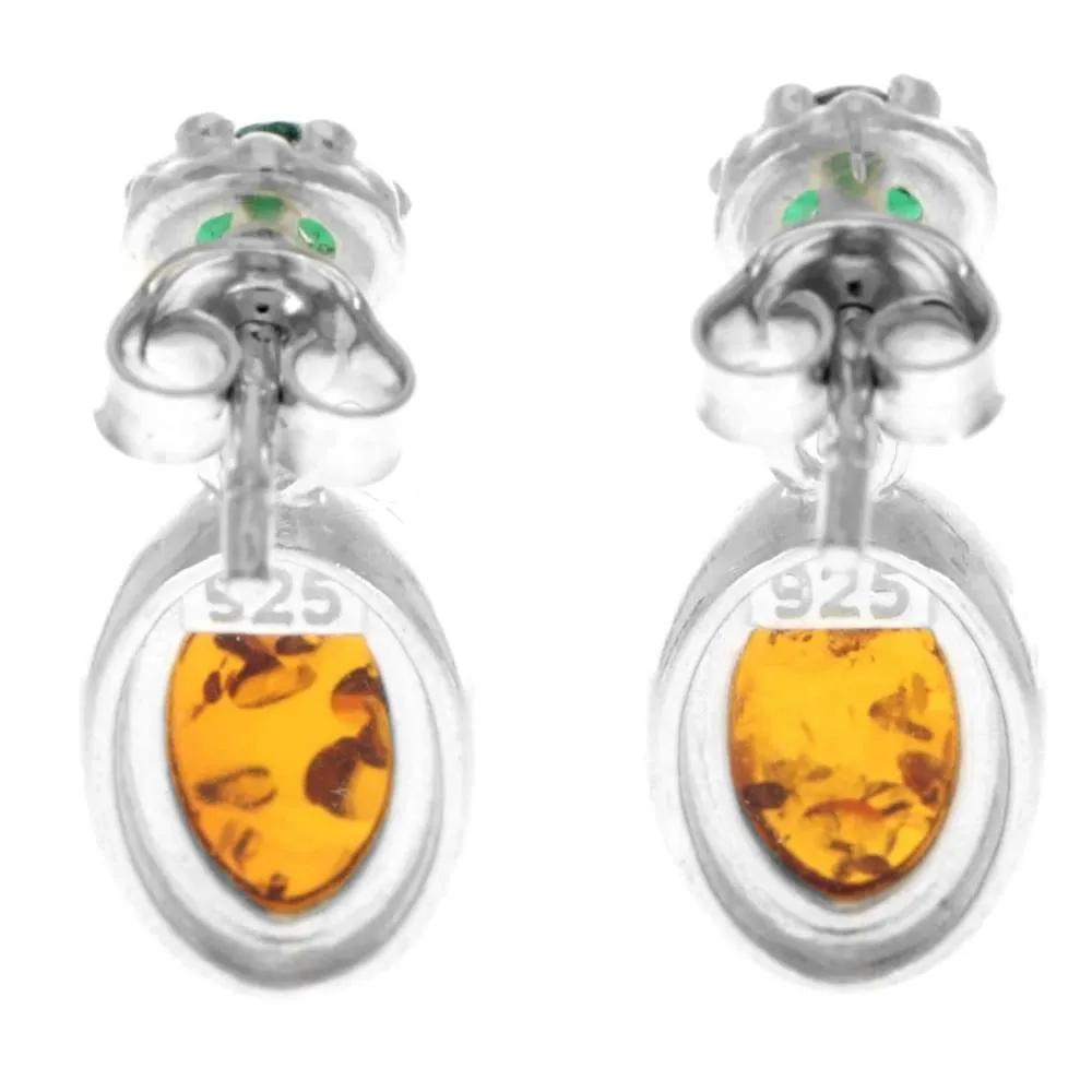 925 Sterling Silver & Genuine Baltic Amber in Combo with Cubic Zirconia Classic Drop Earrings - GL1016