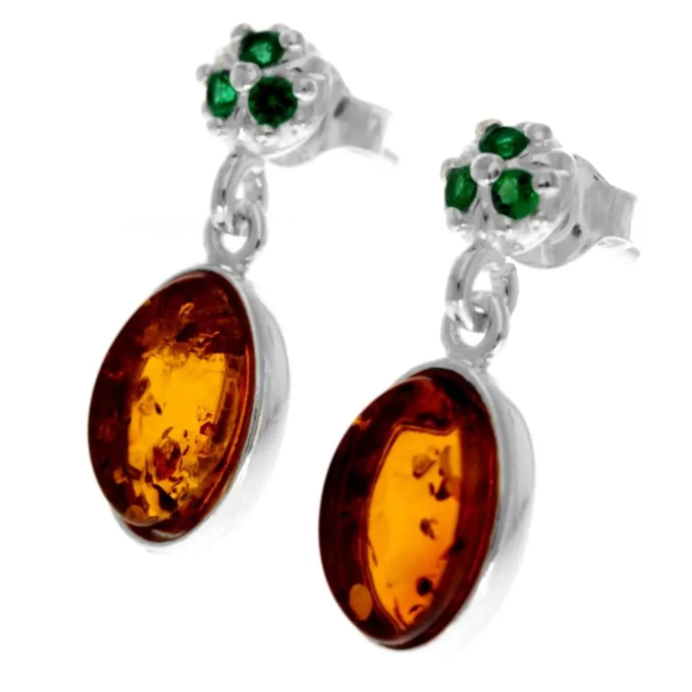 925 Sterling Silver & Genuine Baltic Amber in Combo with Cubic Zirconia Classic Drop Earrings - GL1016