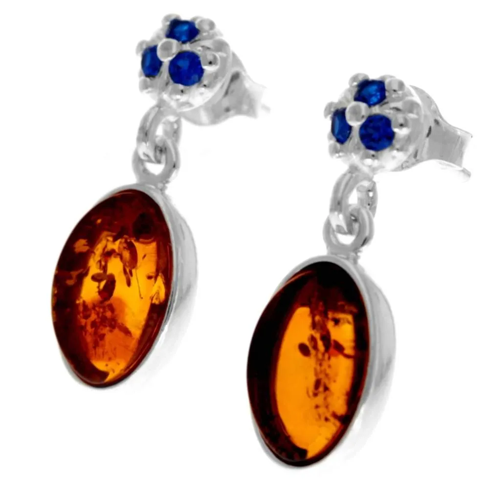 925 Sterling Silver & Genuine Baltic Amber in Combo with Cubic Zirconia Classic Drop Earrings - GL1016