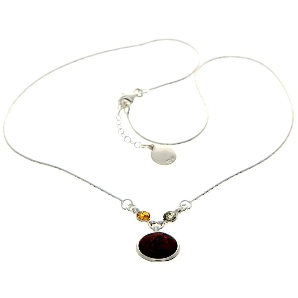 925 Sterling Silver & Genuine Baltic Amber Multi Stones Round Classic Exclusive Necklace - AA902