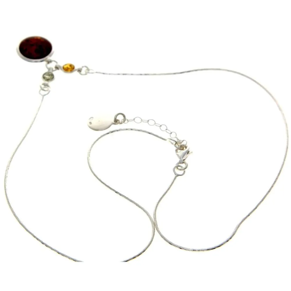 925 Sterling Silver & Genuine Baltic Amber Multi Stones Round Classic Exclusive Necklace - AA902