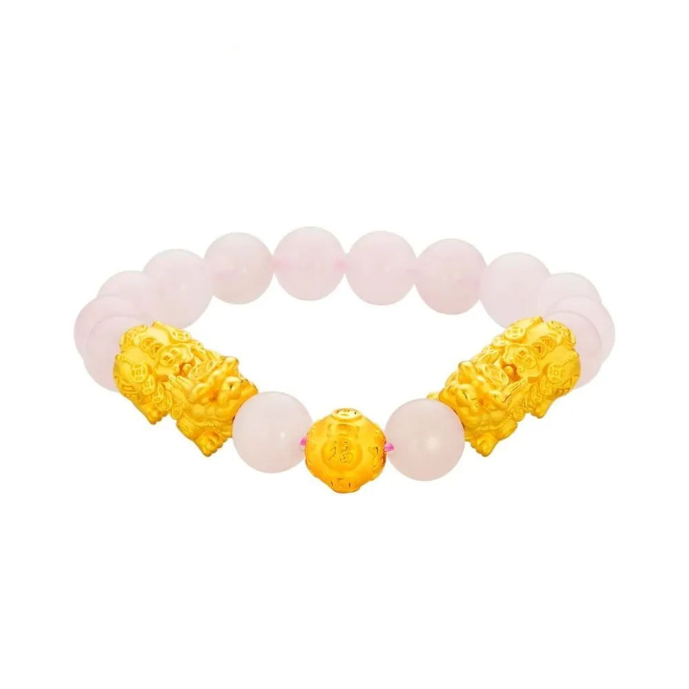 999 Gold Pink Rose Quartz with Pixiu Bracelet