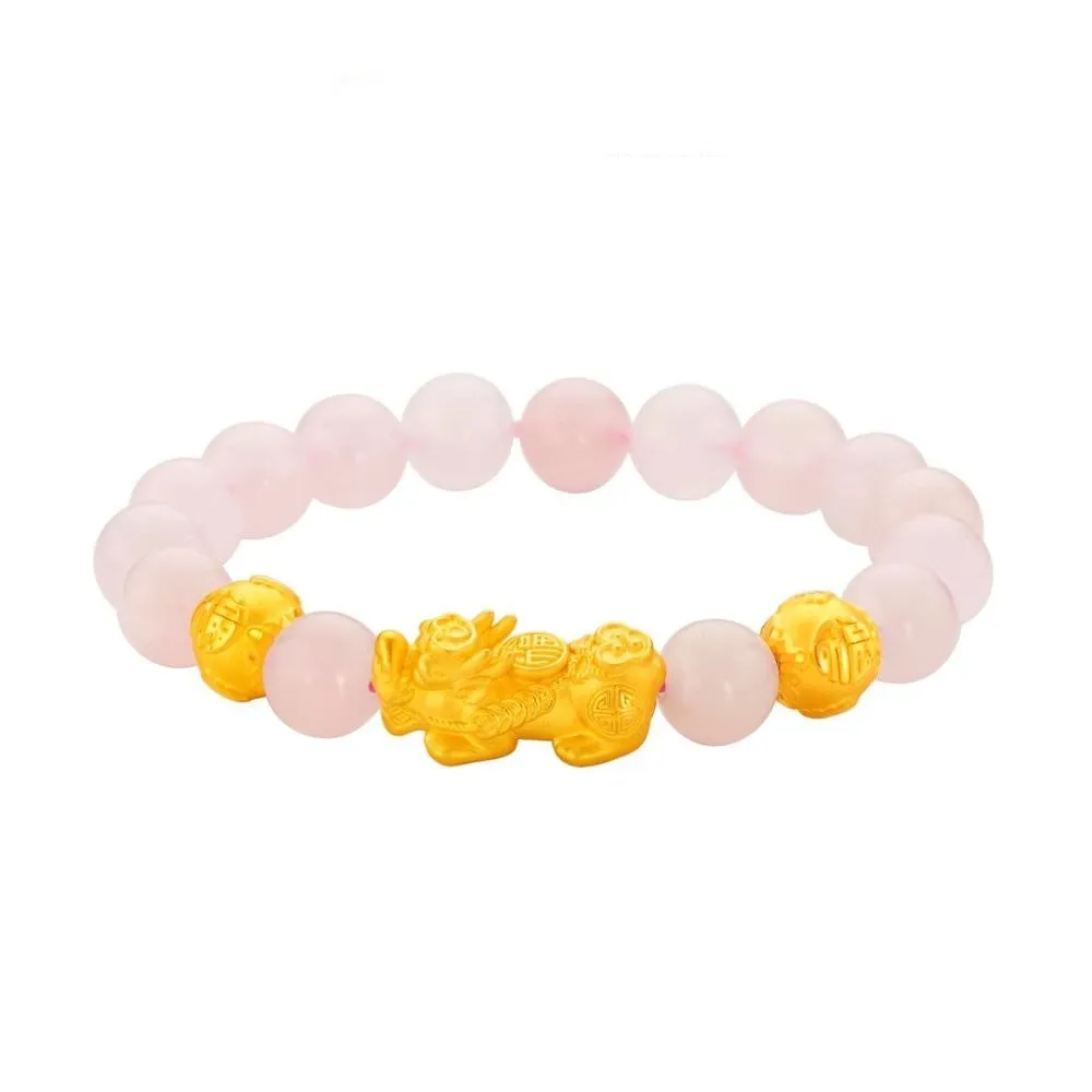 999 Gold Pink Rose Quartz with Pixiu Bracelet