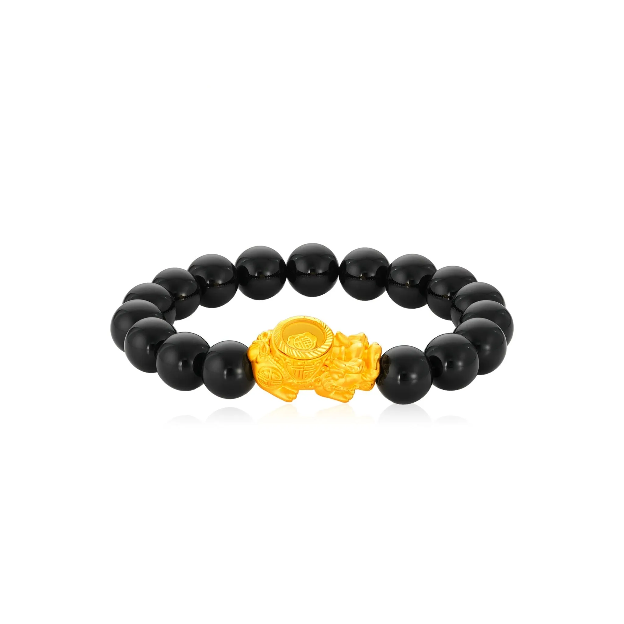 999 Gold Spinning Lucky Pixiu with Black Agate Beads Bracelet