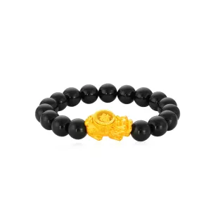 999 Gold Spinning Lucky Pixiu with Black Agate Beads Bracelet