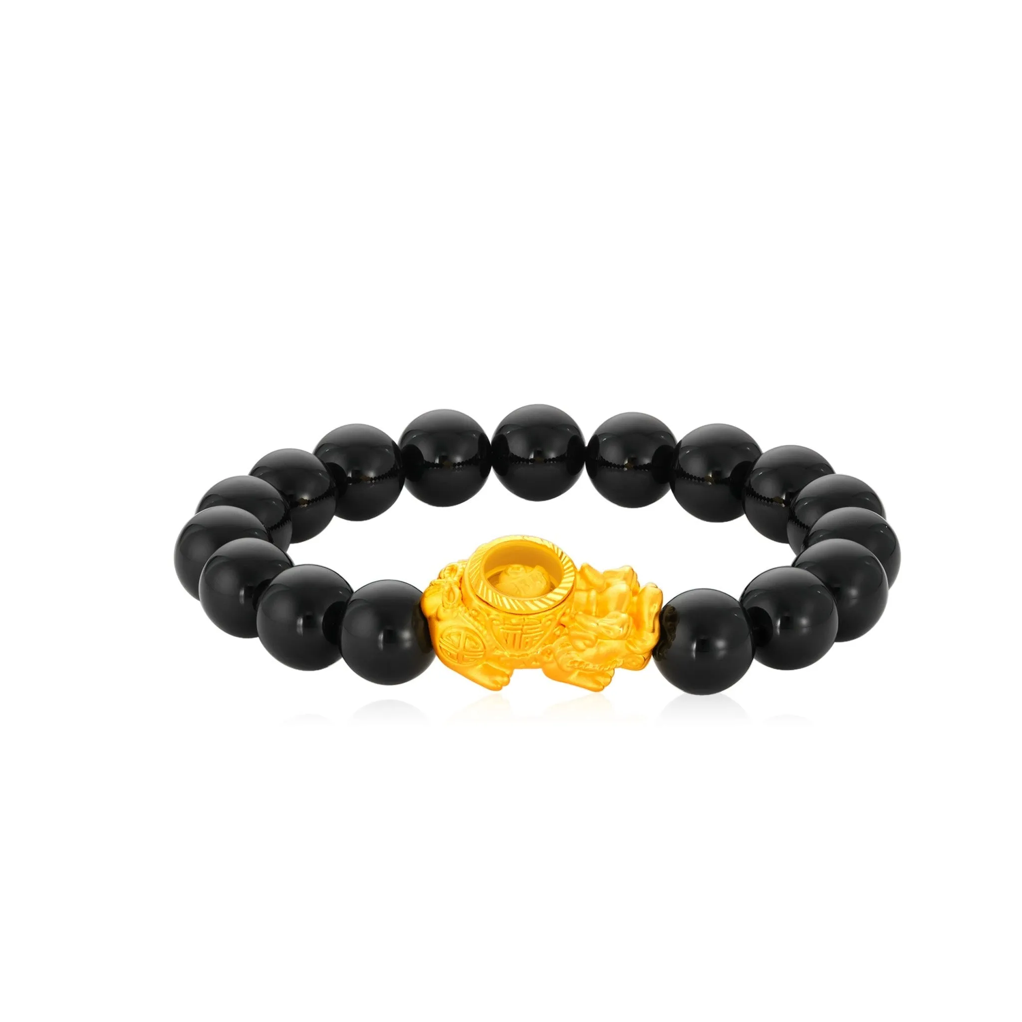 999 Gold Spinning Lucky Pixiu with Black Agate Beads Bracelet