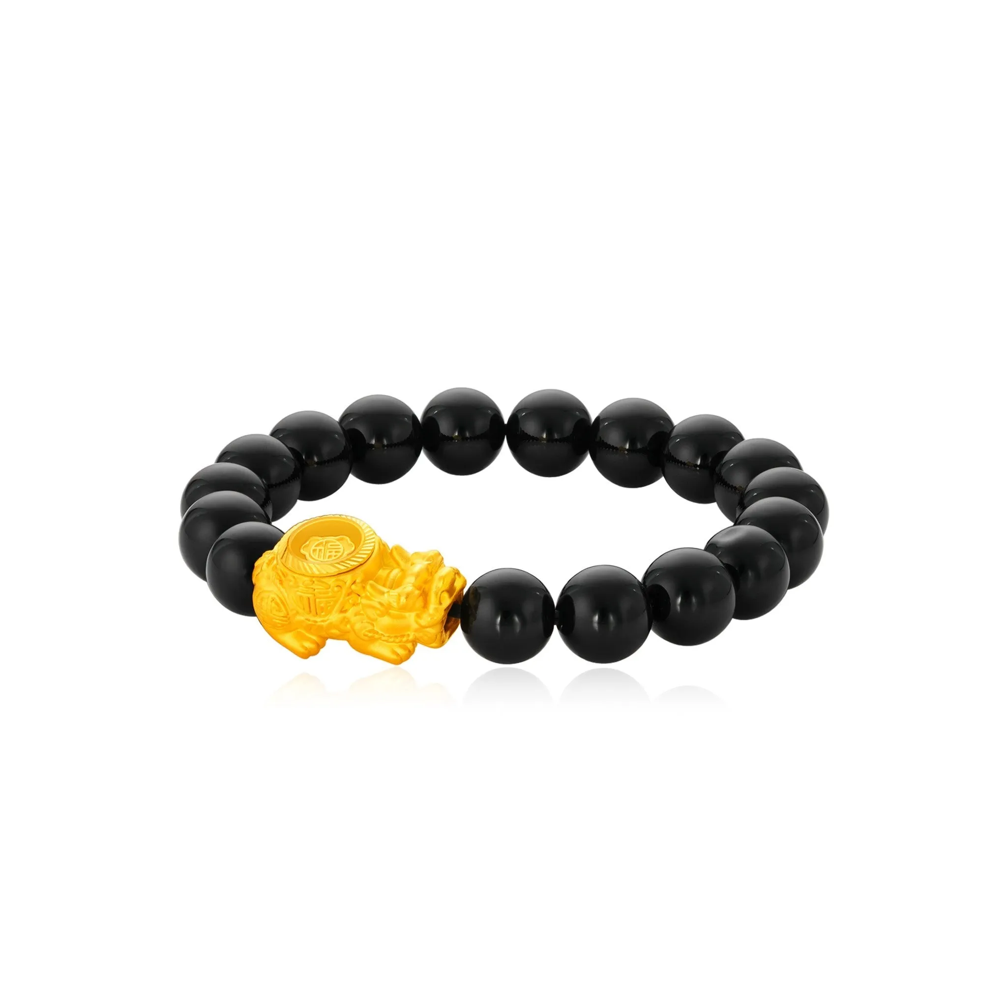 999 Gold Spinning Lucky Pixiu with Black Agate Beads Bracelet