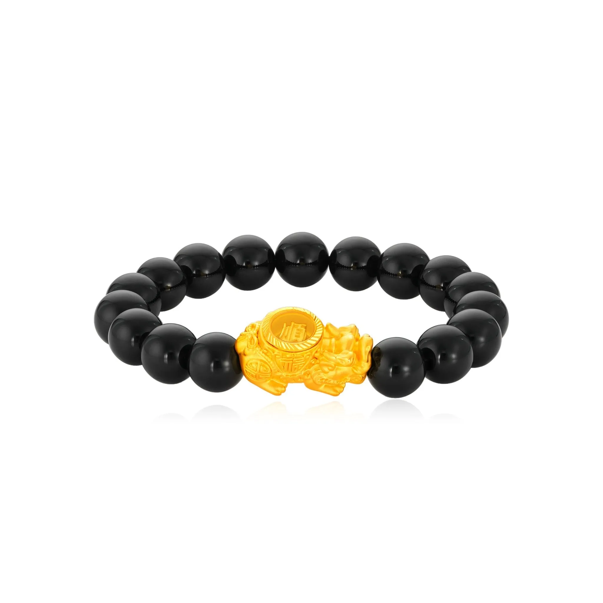 999 Gold Spinning Lucky Pixiu with Black Agate Beads Bracelet