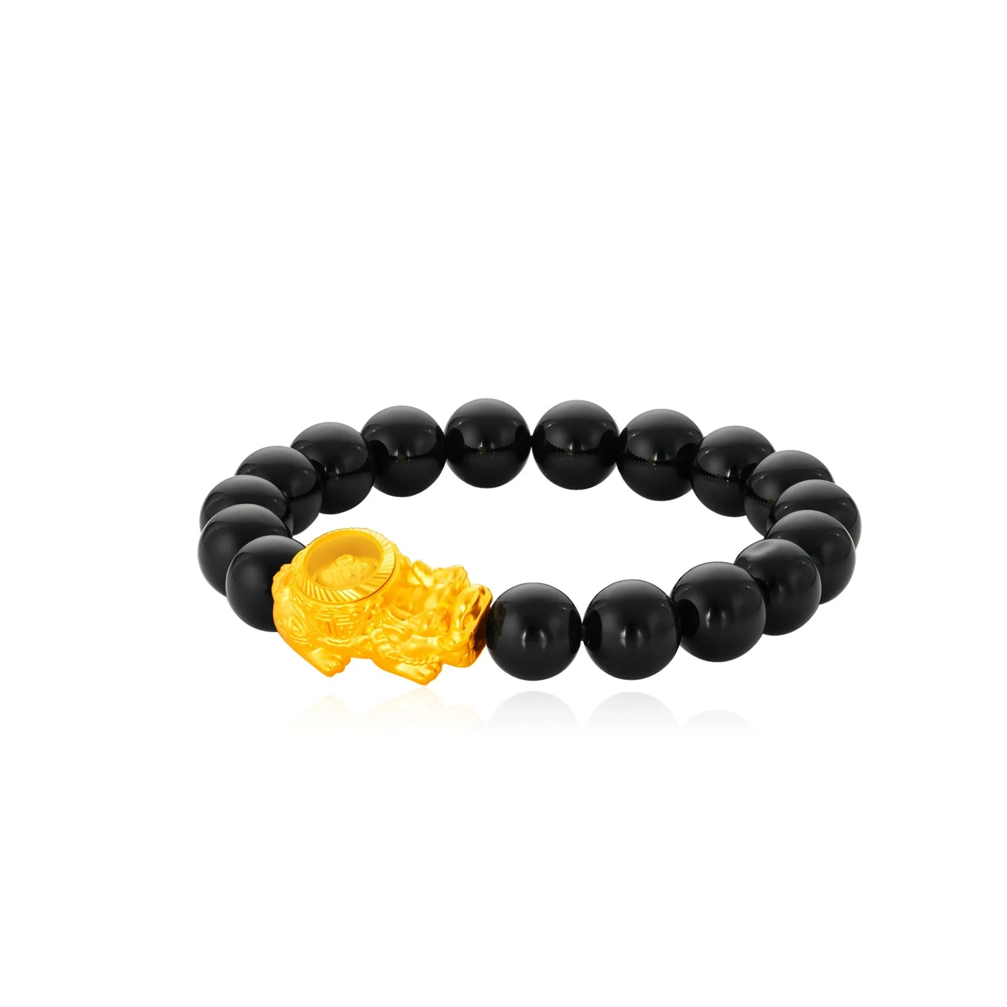 999 Gold Spinning Lucky Pixiu with Black Agate Beads Bracelet