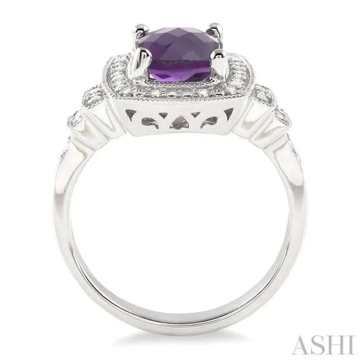 9x7 MM Cushion Shape Amethyst and 1/10 Ctw Single Cut Diamond Ring in Sterling Silver