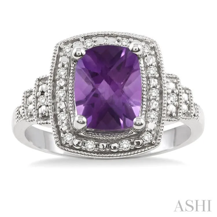 9x7 MM Cushion Shape Amethyst and 1/10 Ctw Single Cut Diamond Ring in Sterling Silver