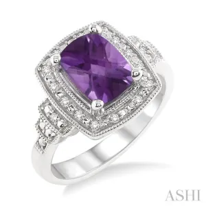 9x7 MM Cushion Shape Amethyst and 1/10 Ctw Single Cut Diamond Ring in Sterling Silver