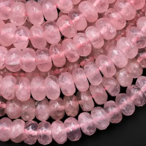 AAA Faceted Gemmy Large Natural Pink Rose Quartz Rondelle Beads 10mm 12mm 15.5" Strand