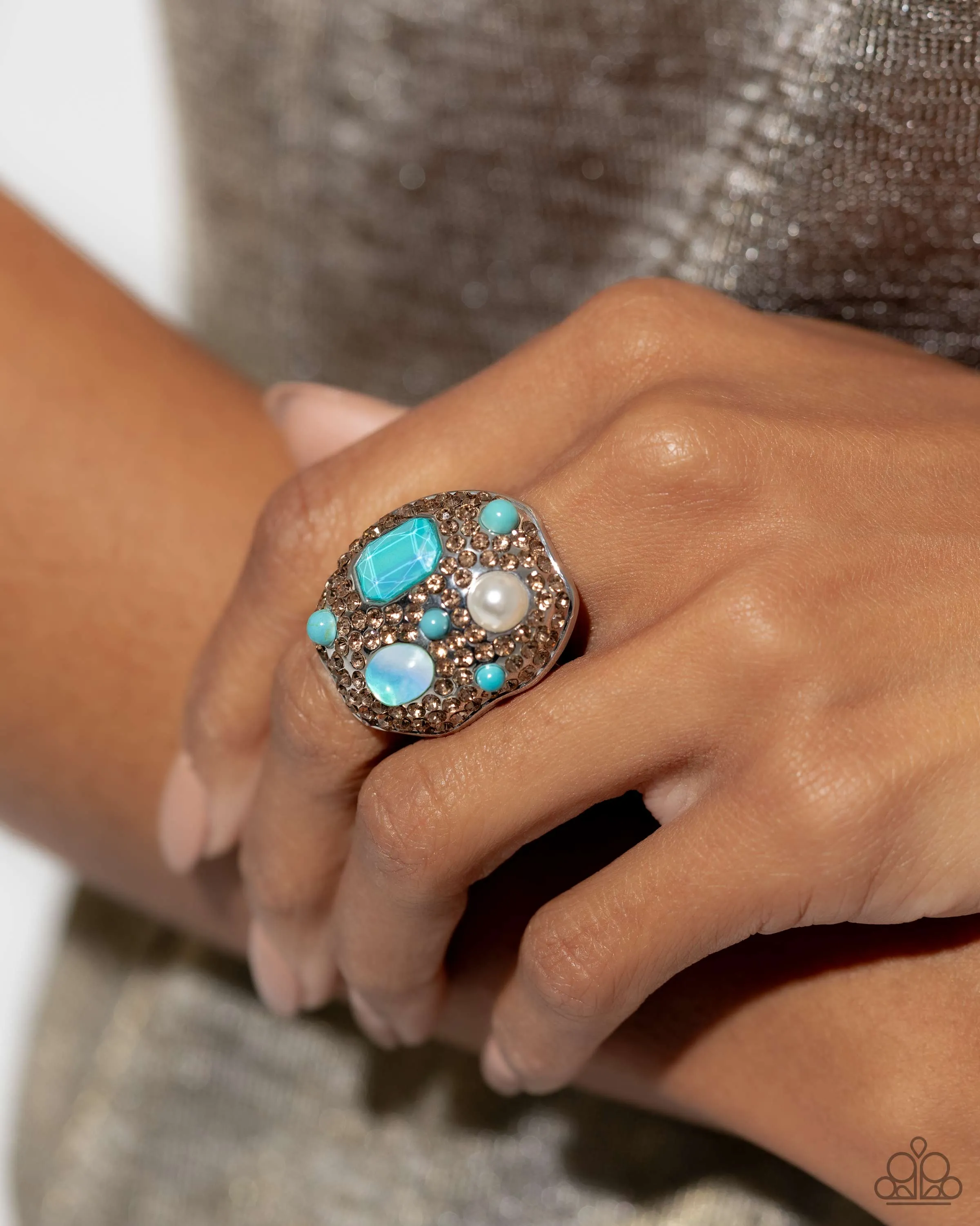 Active Artistry - Blue - Gem, Turquoise Bead, White Pearl Paparazzi Ring - May 2024 Life of the Party Exclusive