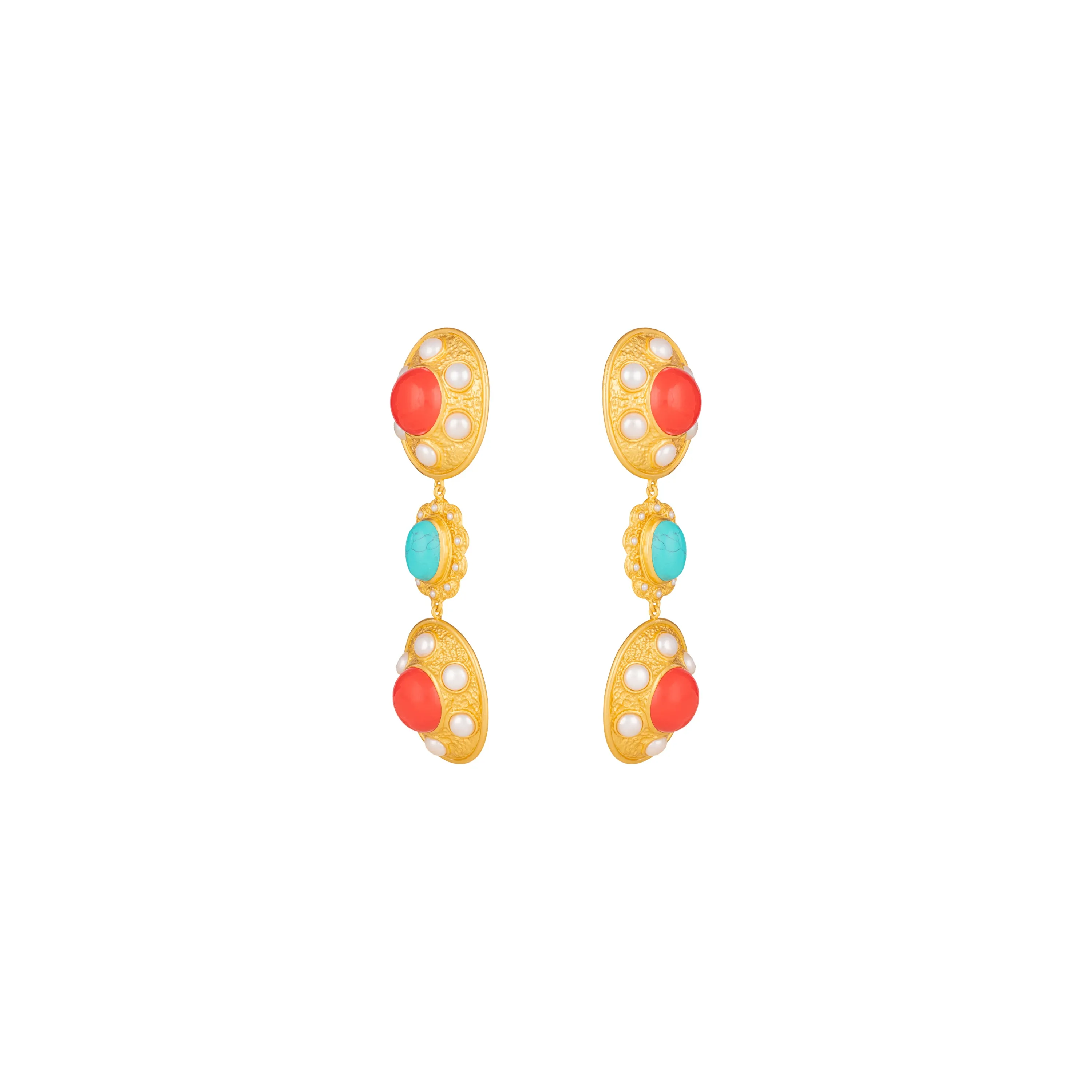 Amara Earrings Red Coral, Turquoise & Pearls