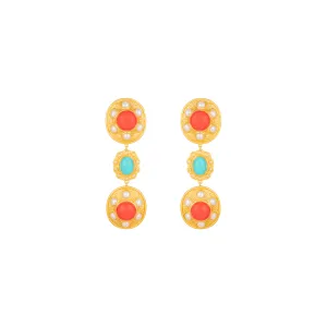 Amara Earrings Red Coral, Turquoise & Pearls