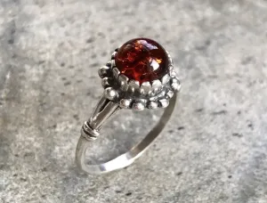 Amber Silver Ring - Natural Amber Ring - Vintage Flower Ring