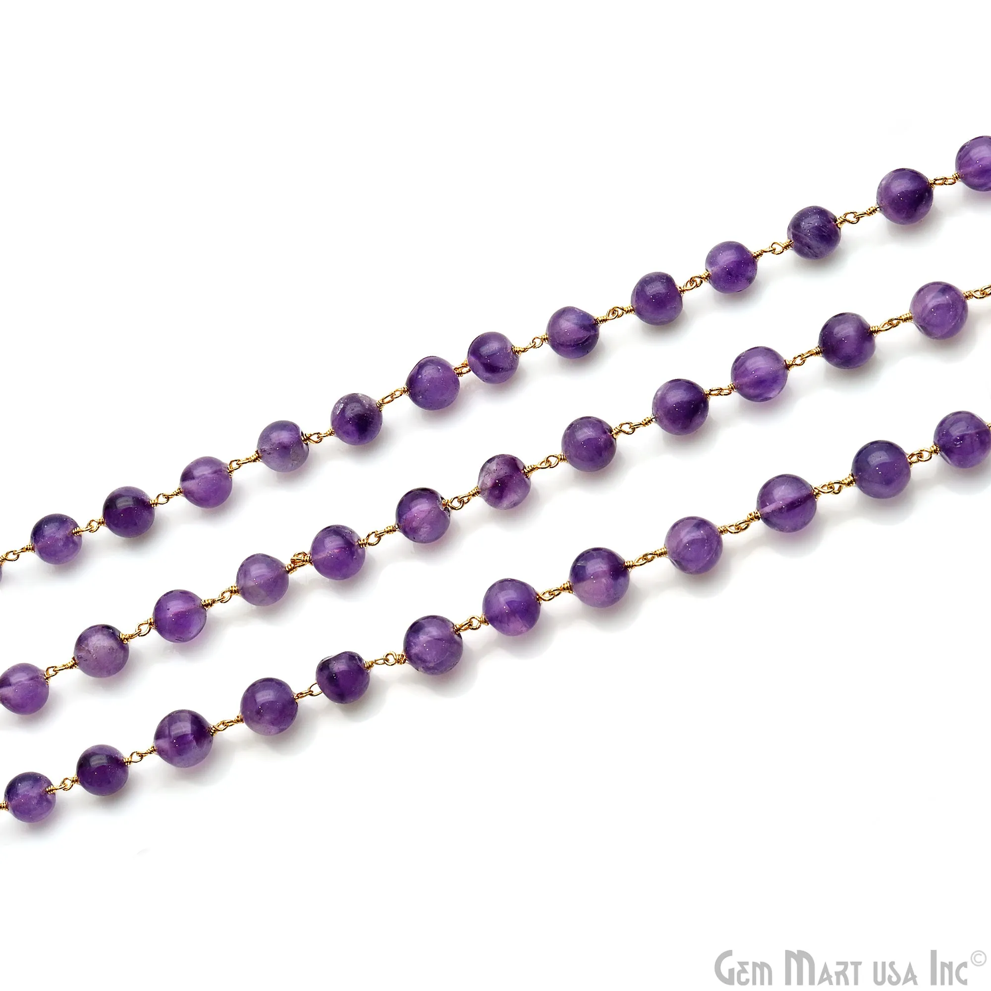 Amethyst Cabochon 8-9mm Gold Wire Wrapped Rosary Chain