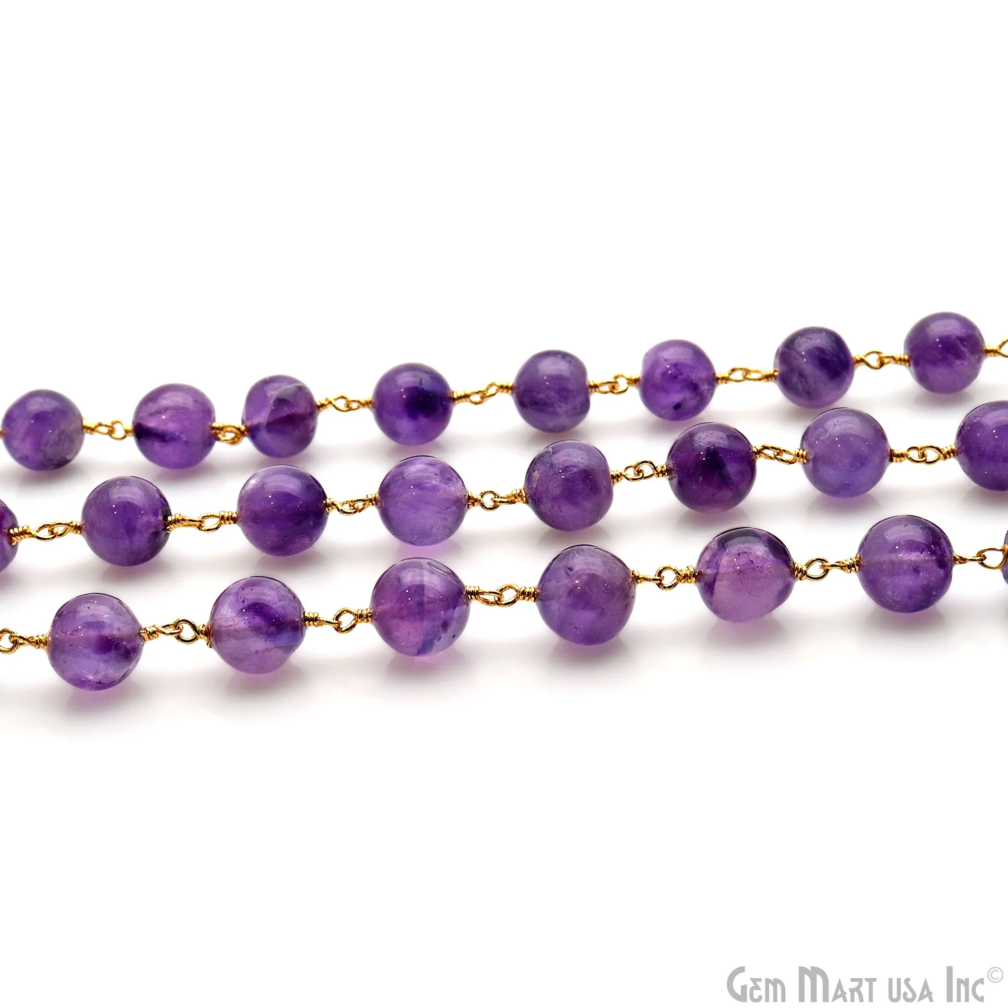 Amethyst Cabochon 8-9mm Gold Wire Wrapped Rosary Chain