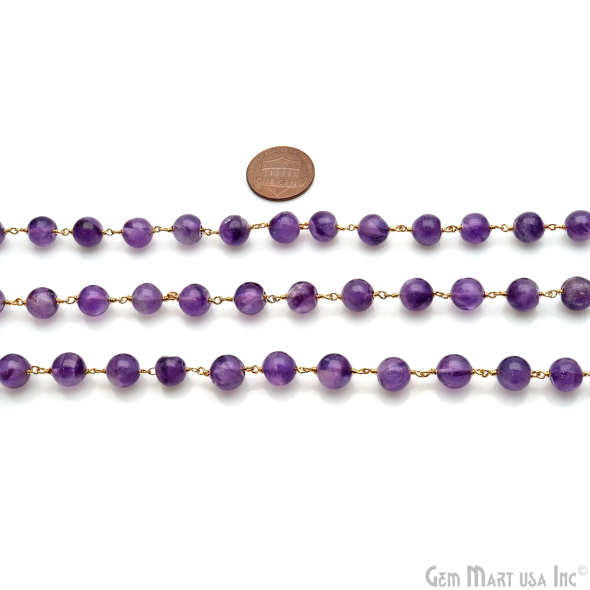 Amethyst Cabochon 8-9mm Gold Wire Wrapped Rosary Chain