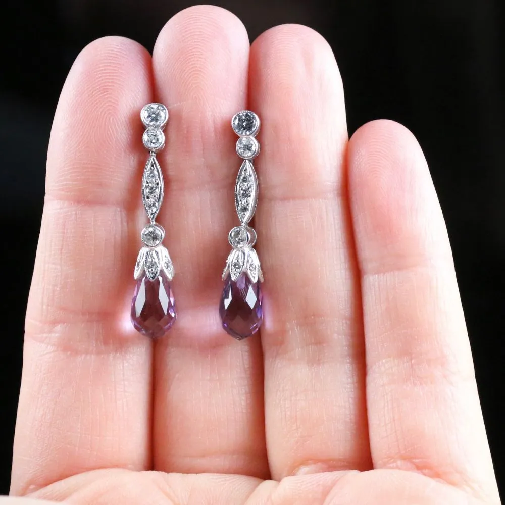 Amethyst Earrings- 1Ct Old Cut Diamond Briolette Cut Amethyst Earrings