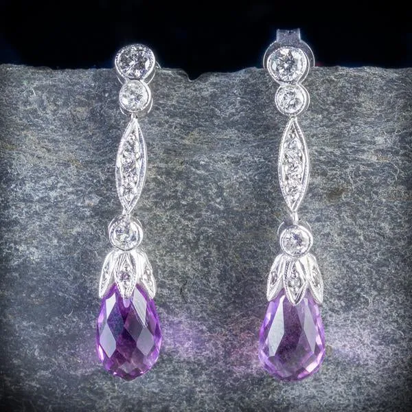 Amethyst Earrings- 1Ct Old Cut Diamond Briolette Cut Amethyst Earrings