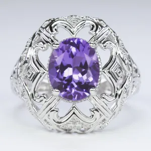 AMETHYST STERLING SILVER RING VINTAGE STYLE OVAL CUT GEMSTONE FILIGREE COCKTAIL