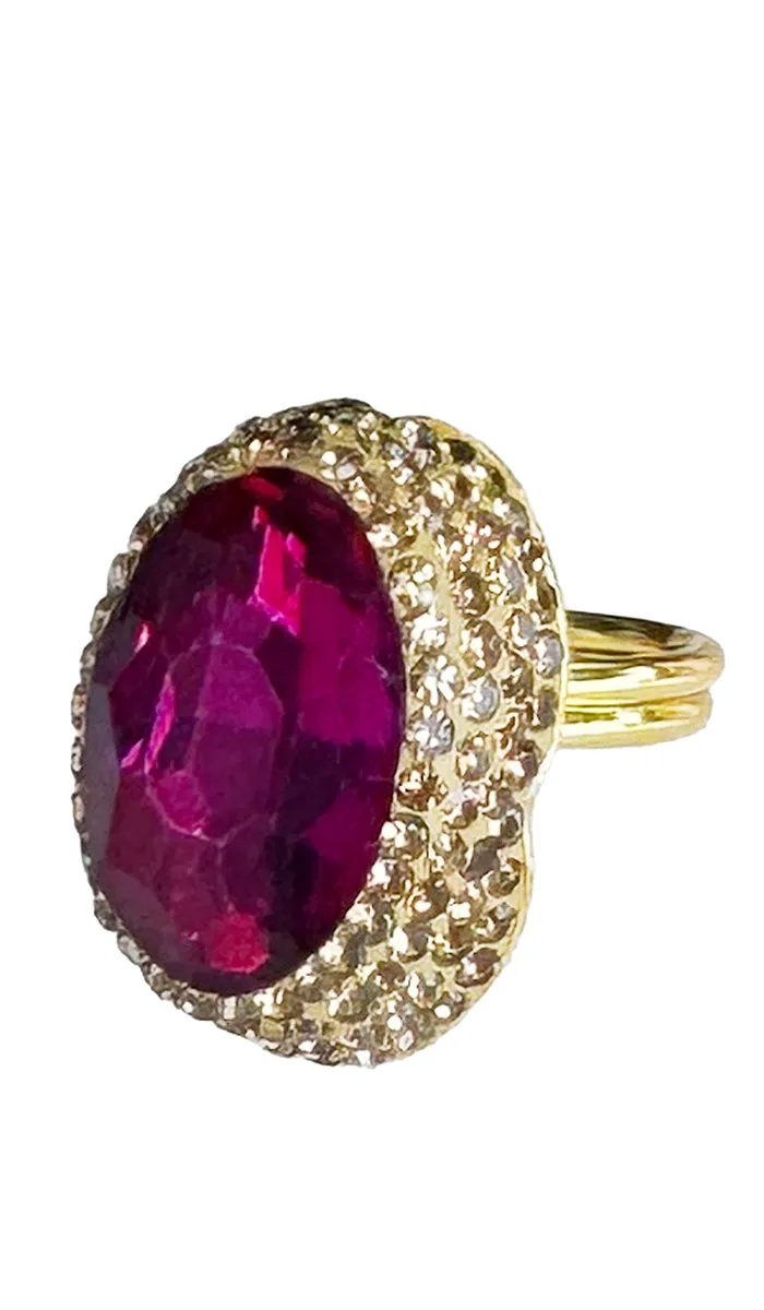 Amira Jeweled Hot Pink and Champagne Crystal Oval Cocktail Ring