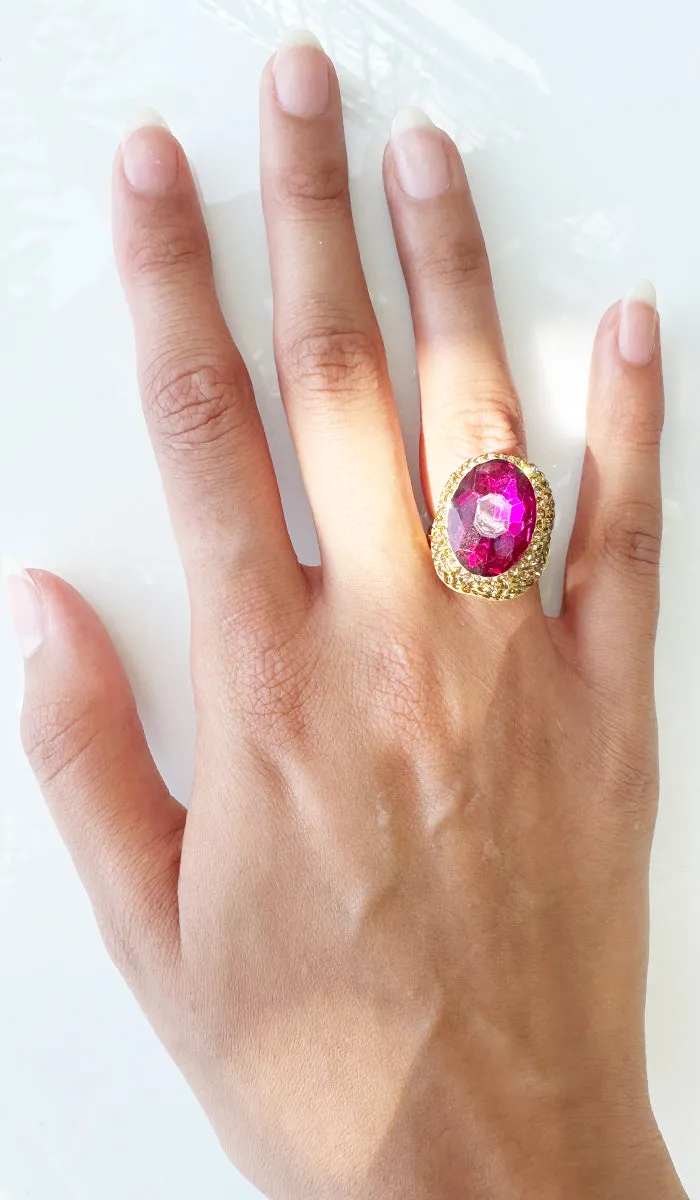 Amira Jeweled Hot Pink and Champagne Crystal Oval Cocktail Ring