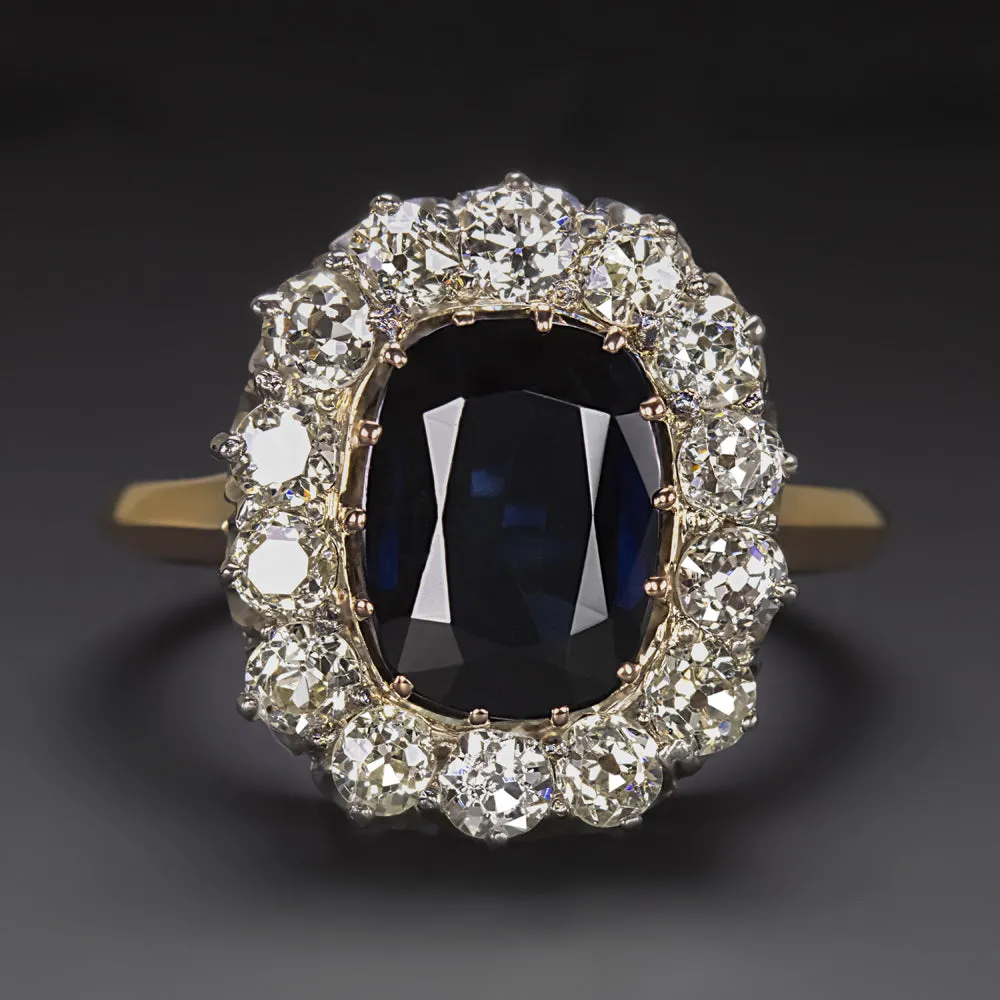 ANTIQUE 3ct SAPPHIRE DIAMOND COCKTAIL RING YELLOW GOLD HALO VICTORIAN OLD CUT