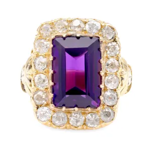 Antique 7.5 Carat Emerald Cut Amethyst Diamond 18K Yellow Gold Cocktail Ring