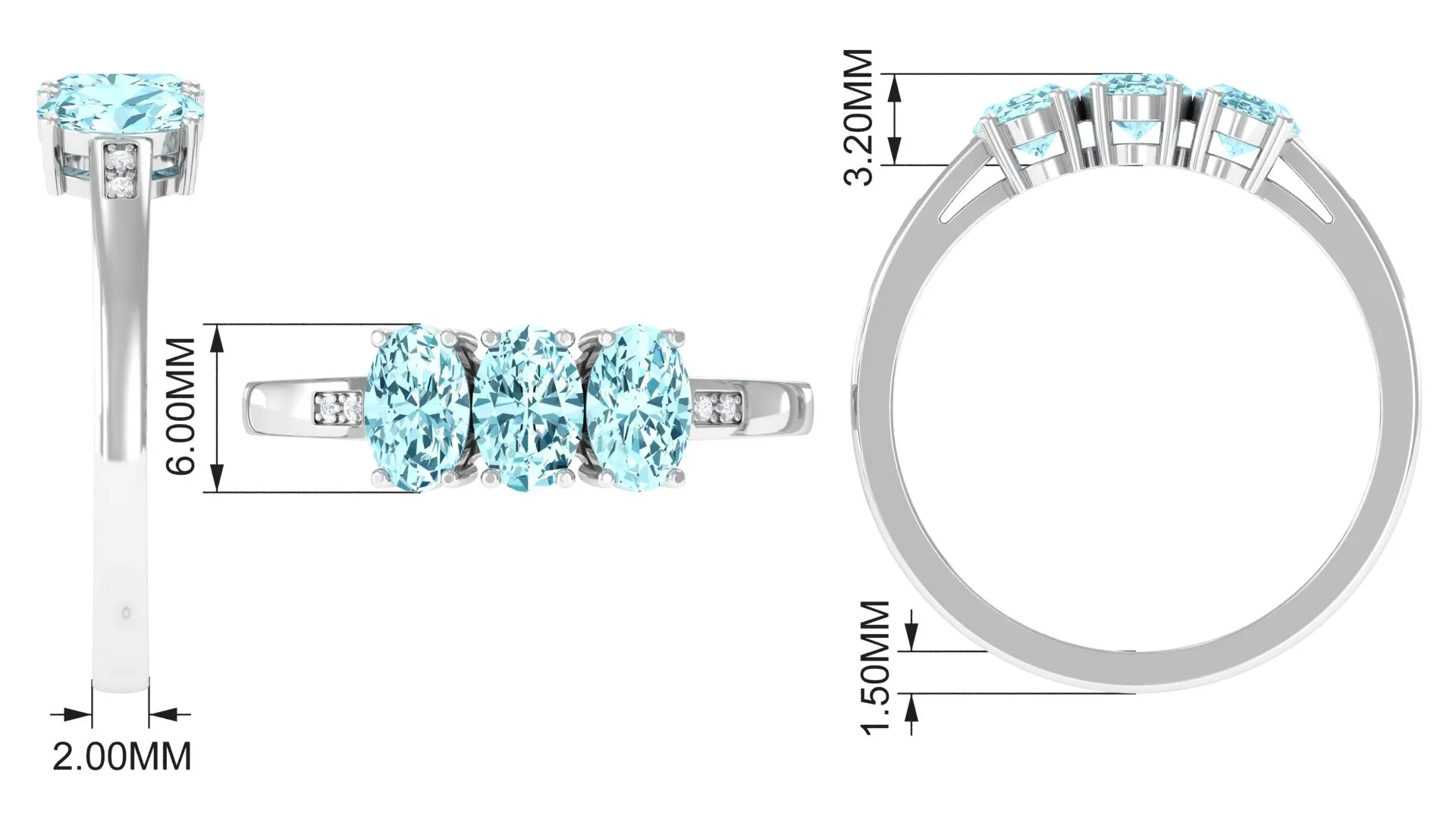 Aquamarine Three Stone Engagement Ring with Diamond